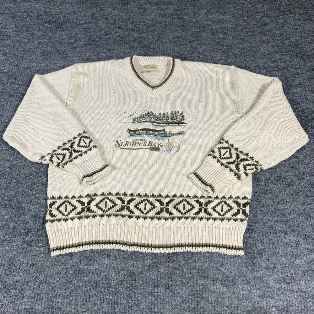 Vintage St Johns Bay Sweater Mens Large White Cotton Fishing Cabin Gorpcore 90s